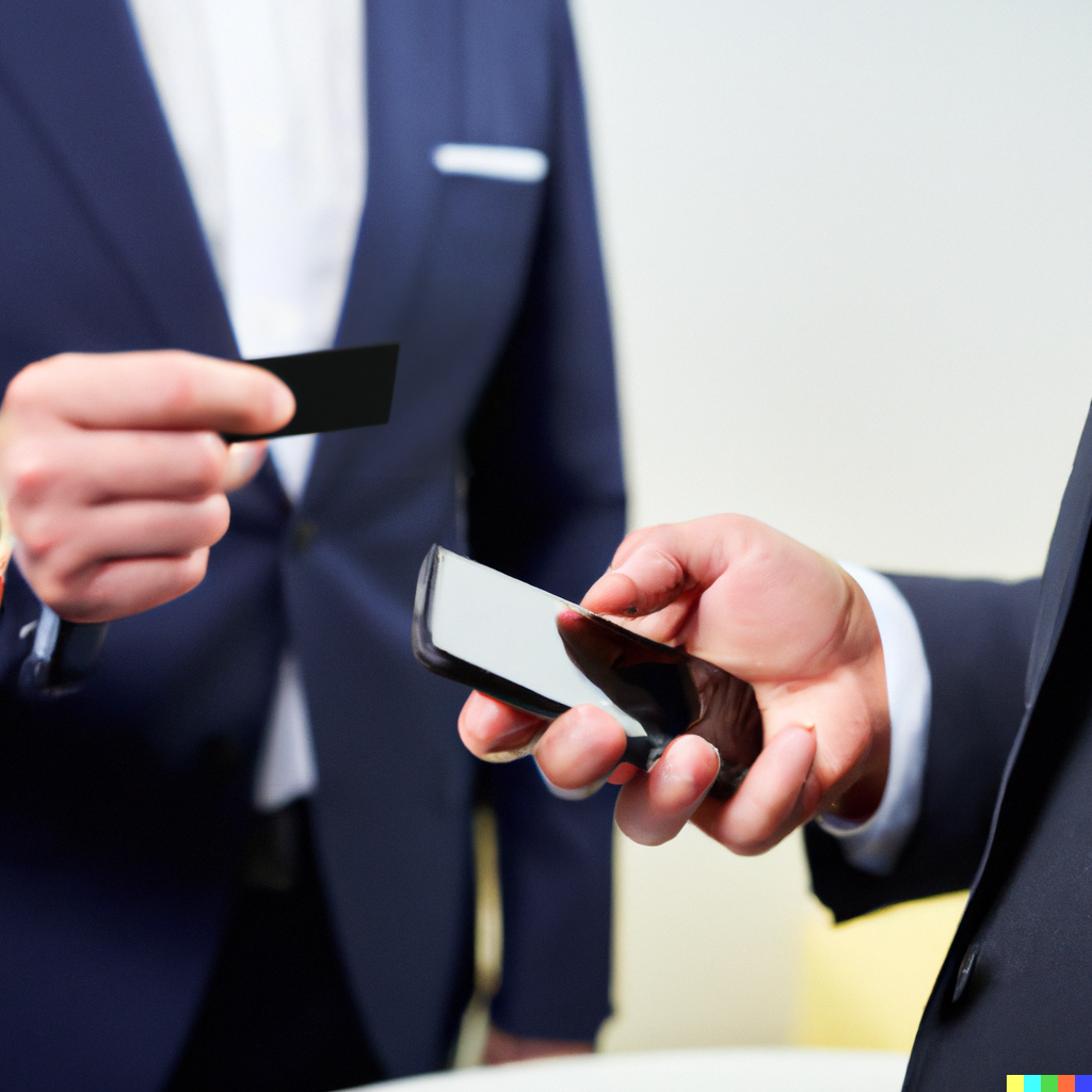 Geschäftsmann tauscht digitale Visitenkarte aus